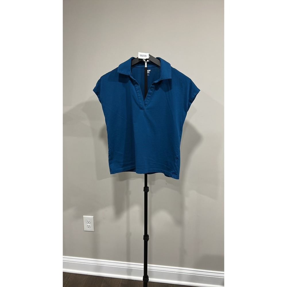 Lands' End Womens Teal Short Sleeve V-Neck Polo Top Small Blue Cotton Casual